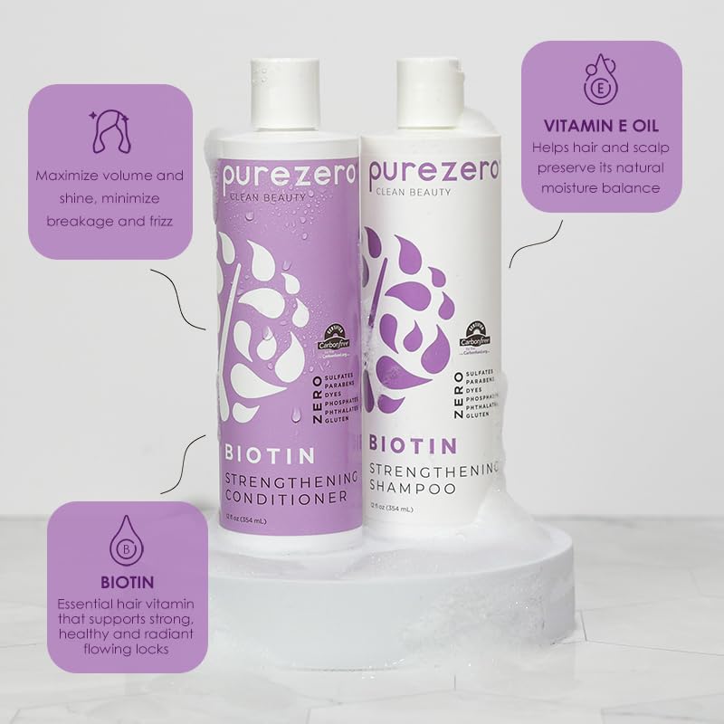 Purezero Biotin Shampoo & Conditioner Set 12 Fl Oz Pack of 2 - Volumizing, Sulfate-Free, Vegan Hair Care