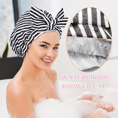 Luvruitaky Black Stripe Luxury Shower Cap for Women - Reusable Waterproof Hair Bath Cap with Adjustable Bowknot