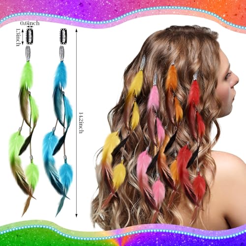 Geyoga 12 Pcs Colorful Clip-In Hair Feathers with Beads