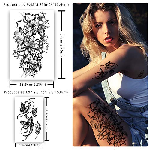 Yazhiji Black Waterproof Temporary Flower and Butterfly Tattoo Sheets for Women & Girls