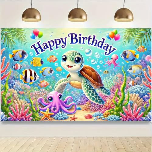 BlissYard Turtle Birthday Banner - Ocean Theme Backdrop 71x43 Inches