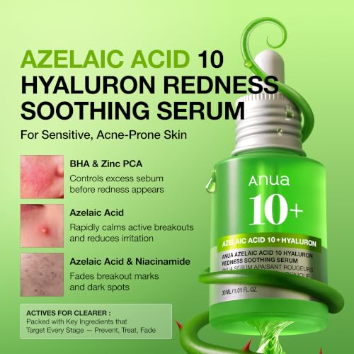 Anua Azelaic Acid 10 Hyaluron Redness Soothing Serum, Facial Serum for Blemish-Prone & Oily-Prone Skin, Lightweight & Hydrating Blemish Care, Hyaluronic Acid, Korean Skincare, 1.01 fl oz.