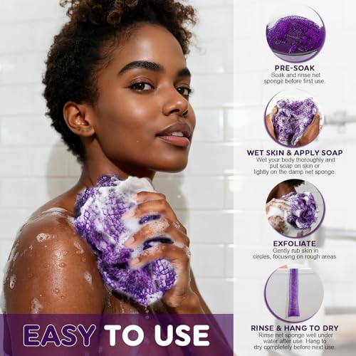 BukSuk African Nylon Exfoliating Body Scrubber 3 Pack – Long Stretch Back & Full-Body Loofah
