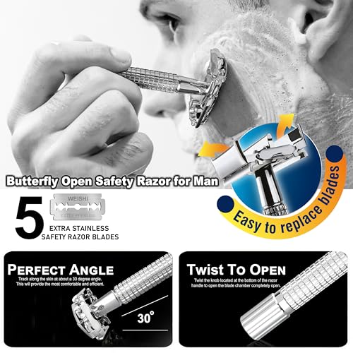 WEISHI Double Edge Safety Razor for Men and Women, Short Handle Twist-To-Open