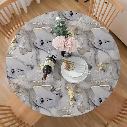 Elastic Edge Round Tablecloth for 36-44" Tables - Wrinkle-Resistant Polyester, Marble Design