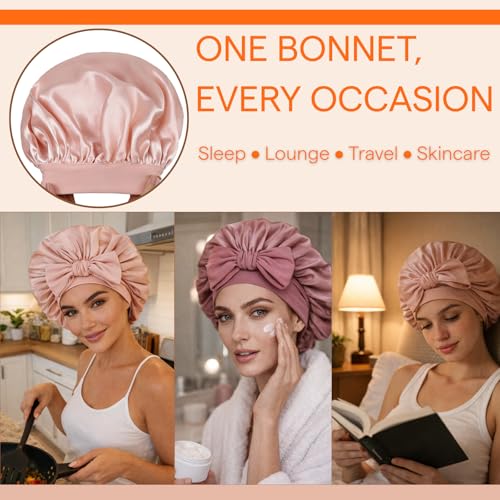 Full Shine Pink Adjustable Satin Hair Bonnet for Sleeping