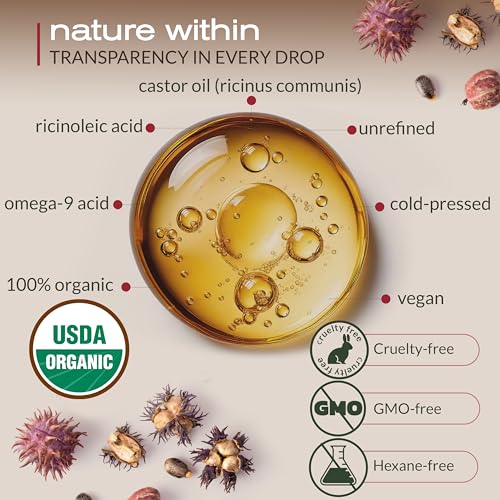 Ella & Eden Organic Castor Oil, Cold-Pressed Hexane-Free, 32 fl oz | USDA Certified, 100% Pure, Unrefined, For Hair Growth, Skin and Face