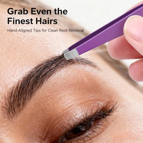 Purple Stainless Steel Tweezers Set with Travel Case - Precision Eyebrow & Facial Hair Removal