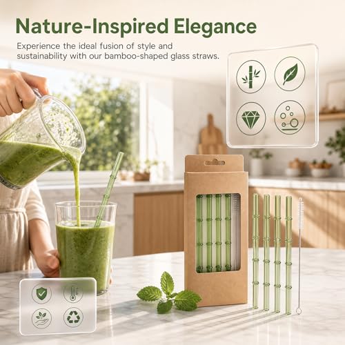 Bamboo Glass Straws Set - 4 Reusable Borosilicate Straws with Cleaning Brush