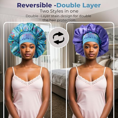 BE BEAUTIFUL EXTENSIONS Blue Reversible Double Layer Silk Satin Sleep Bonnet for Hair Protection
