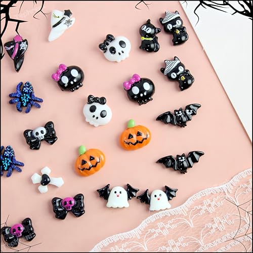 12 Grids Halloween Resin Nail Charms 3D Vintage Punk Spider Skull