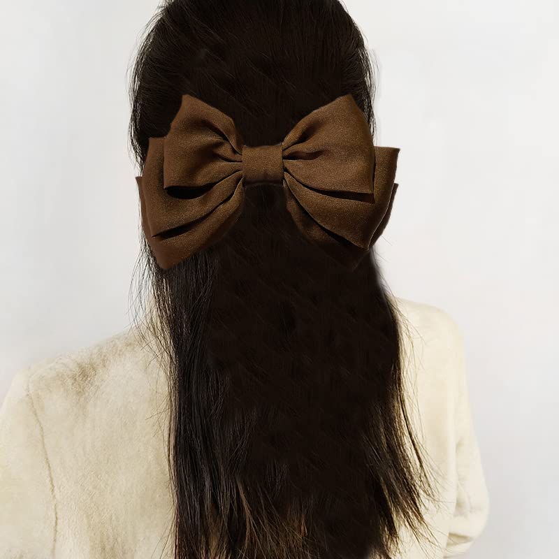 Kefley Short Tail Brown Satin Bow Hair Clips for Women & Girls - Classic Hair Accessories