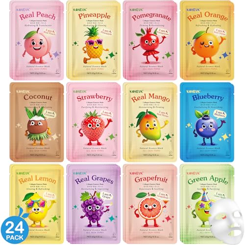 KONEUK 24 Pack Fruit Cartoon Face Mask Set, Collagen Hydrating Skincare