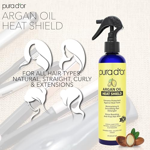 PURA D'OR 8 Oz Argan Oil Heat Shield Protectant Spray with Select Organic Ingredients, Protects Up To 450¨¬ F From Flat Iron & Hot Blow Dry, Leave-In, Define & Shine Dry & Damaged Hair