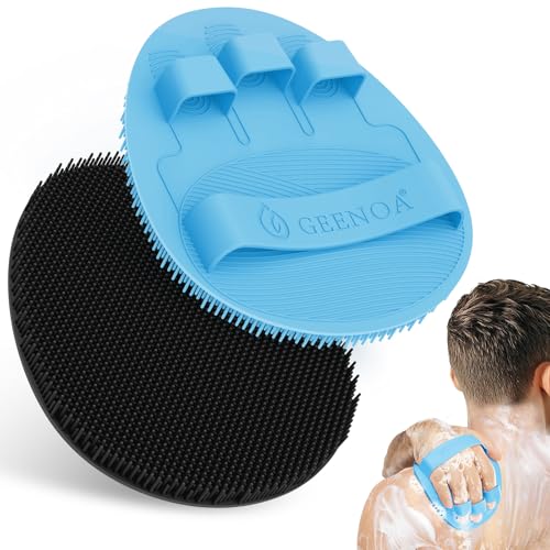 GEENOA Silicone Bath Gloves with Straps 2PCS - Deep Cleansing Exfoliating Body Scrubber, Enlarged & Anti-Slip for All Skin Types (Black+Blue)