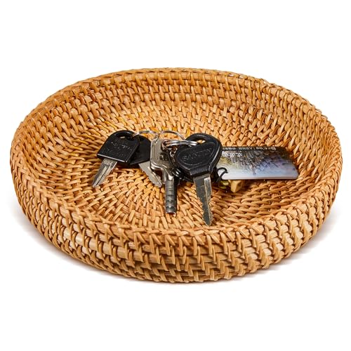 Hushee Small Round Woven Basket for Entryway Table - 7 Inch Rattan Key Bowl