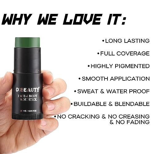 CCbeauty Green Face Paint Stick for Halloween & Cosplay, Non-Toxic SFX Body Makeup