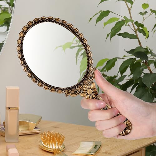 Elegant Vintage Handheld Makeup Mirror with Handle - Portable Design