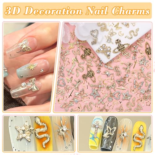 Cynailli 320 Pcs Gold Nail Charms & Gems Set - Cross, Snake, Heart, Star, Dangle & More, Variation S1