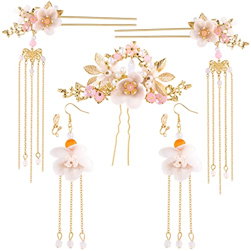 HINZIC 5Pcs Flower Tassel Hair Pins Set with Rhinestone Pearls & Earrings for Women & Girls