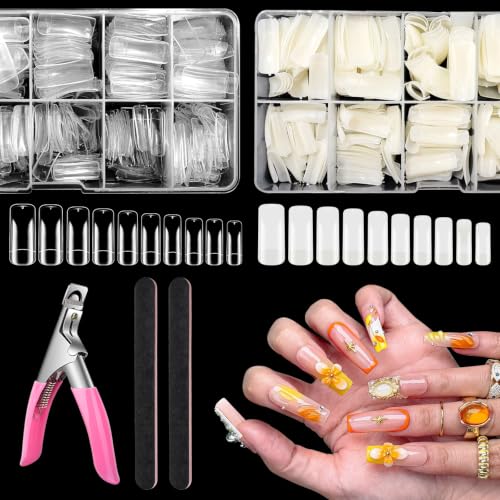 Yokilly Square Nail Tips Set - 1000 Pieces Natural & Clear Fake Acrylic Nails with 10 Sizes for DIY Manicure