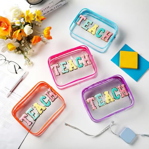 8 Pcs Clear Teach Makeup Bags with Chenille Letter Accents - Multicolor