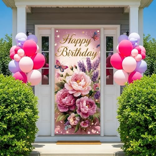 Elegant Pink Peony Birthday Door Banner - Floral Decor for Milestones