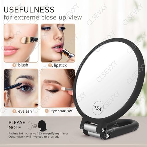 CLSEVXY Magnifying Handheld Mirror Double Sided, 1X 15X Magnification Hand Mirrors, Travel Folding Hand Held Mirror, 360¡ÆRotation Pedestal Makeup Vanity Mirror