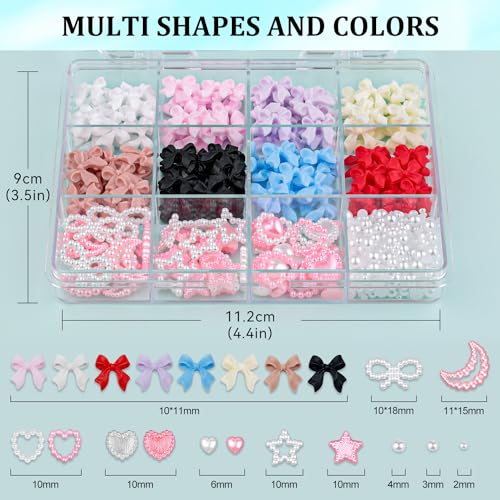 600 Pcs 3D Nail Bow Charms & Pearl Nail Gems Set - 8 Colors