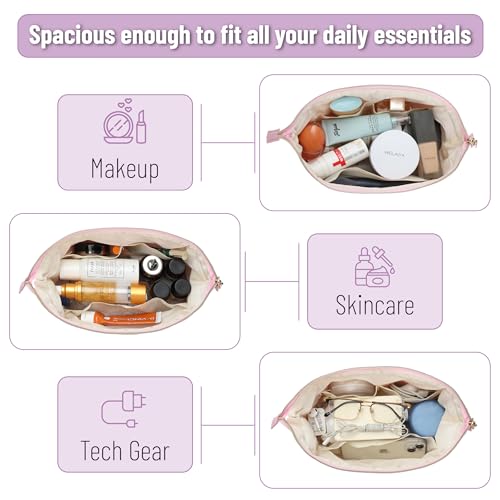 Aesthetic Quilted Makeup Bag for Women - Pink Cosmetic Pouch