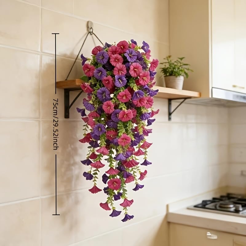 Artificial Hanging Flower Basket - UV Resistant Faux Silk Petunias & Morning Glory | Rose Red & Purple Mix for Outdoor Decor