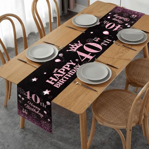 Happy 40th Birthday Table Runner - Black & Pink, 72 inches