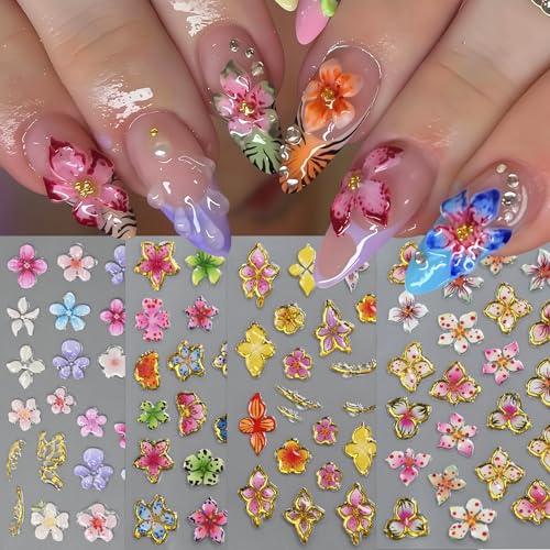 5D Hibiscus Flower Nail Stickers - 8 Sheets Tropical Nail Art