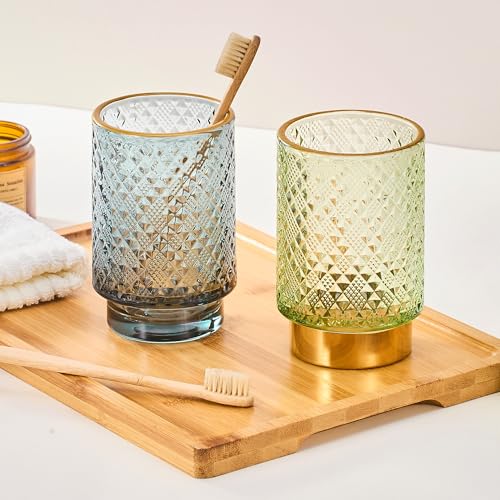 Dark Green Glass Makeup & Toothbrush Organizer with Gold Base - Multifunctional Pen Holder
