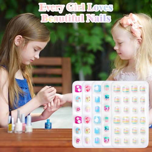 CUXFLS Style 6 Kids Press-On Nails Set - 120 Colorful Glitter Fake Nail Tips with Pre-Glue for Children