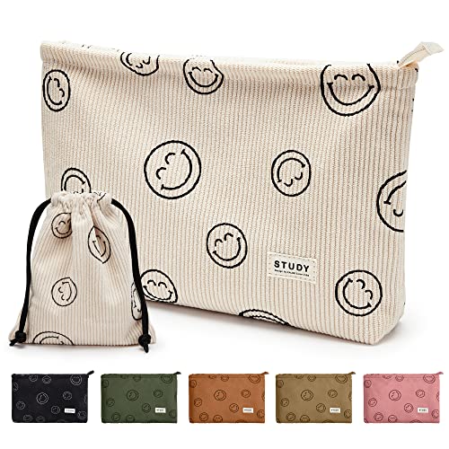 WLLWOO 2pcs Corduroy Makeup Bag Set with Smile Face Design