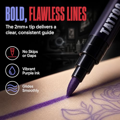 Element Tattoo Supply 6 Pack Body Markers in Red & Purple - Bold Tip Skin Pens for Temporary Tattoos & Body Art