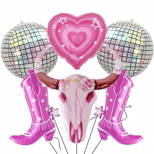 6-Piece Pink Cowgirl Balloon Set with Disco Ball - Boho Party Decor