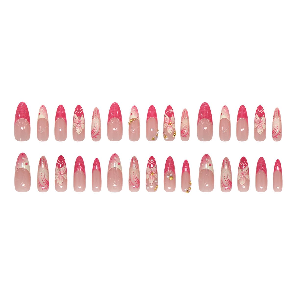 30Pcs Pink Flower Press on Nails Long Almond Fake Nails with Gold Rhinestone & Pearl Designs French Tip Glue on Nails Gradient Pink False Nails Summer Cute Stick on Nails for Women Wedding Party Daily