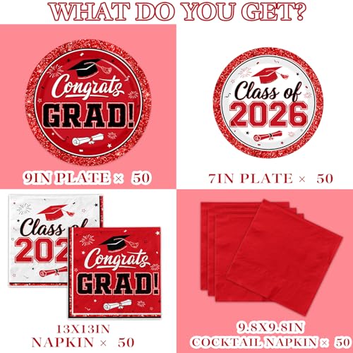 Class of 2026 Graduation Plates and Napkins Set - 200pcs Red & White Party Supplies
