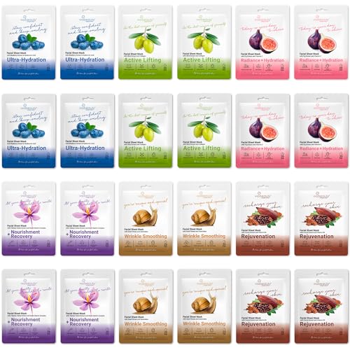 VIABEAUTY 24 Pack Collagen & Hyaluronic Acid Face Masks - Rejuvenating Skincare Sets
