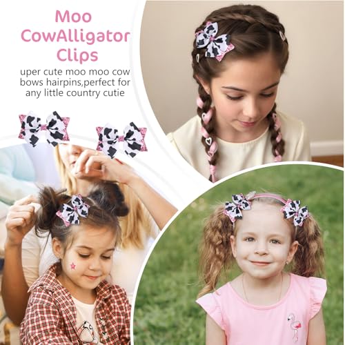 Cow Print Hair Bows Clips - 2 Pack Pink Grosgrain for Girls
