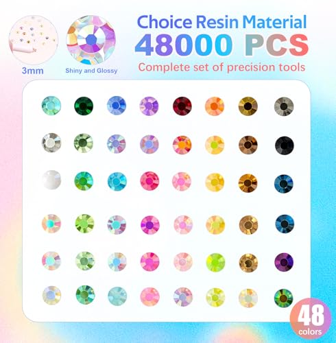 RoseFlower 48,000 Pcs 3mm Resin Rhinestones Bedazzle Kit - 48 Colors B