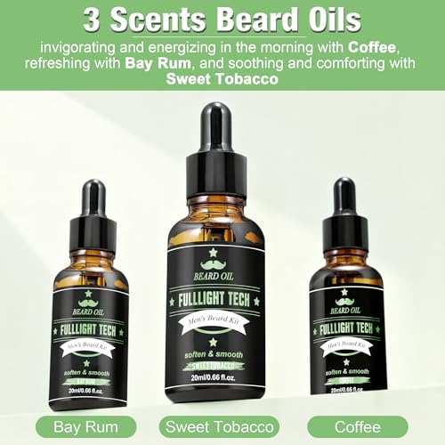 FULLLIGHT TECH Beard Kit with 3 Scented Oils, Sweet Tobacco Wash & Balm - Bay Rum, Coffee, Sweet Tobacco, 5 Fl Oz