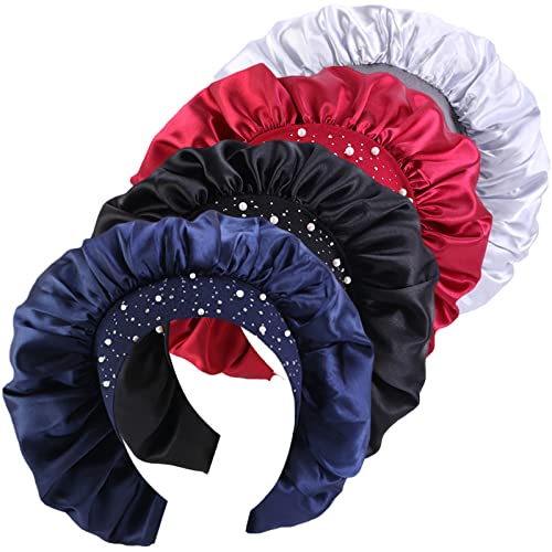 4-Piece Satin Sleep Bonnet Set - Rhinestone Hair Care Night Cap for Women