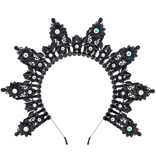 Black Spiked Greek Goddess Halo Crown Headband - Gothic Floral Design