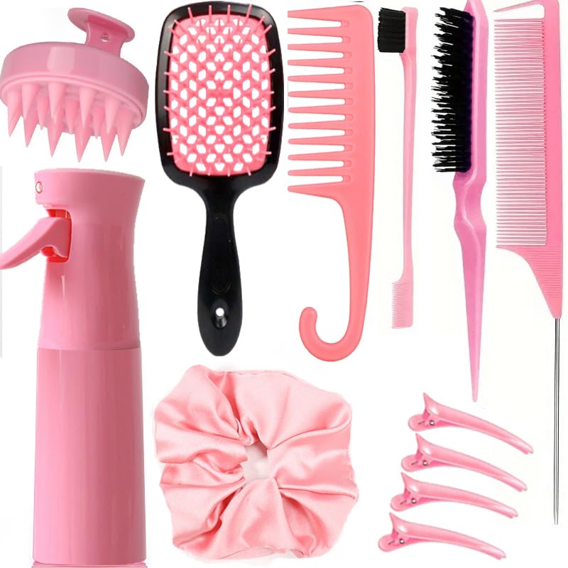Hair Brush Set - 12 Pcs Detangling Brushes & Spray Bottle for Toddlers, Women | Curly Hair Care (Pink)