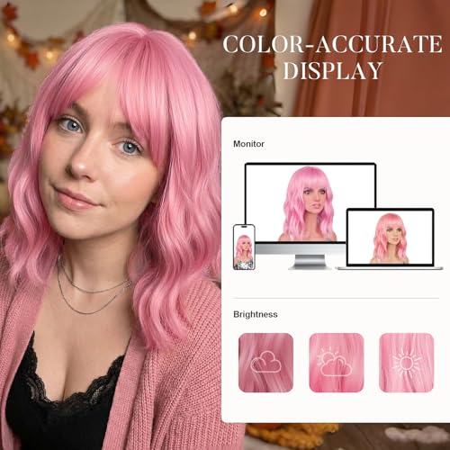 Light Pink Wavy Bob Wig with Bangs - 14 Inch Shoulder Length
