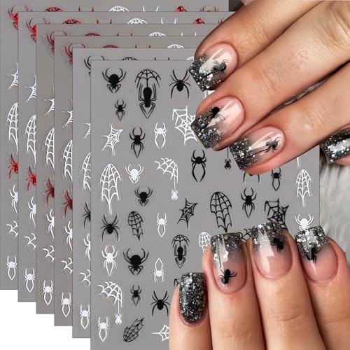 SHUXILIN Halloween Spider Web Nail Stickers 6 Sheets Self-Adhesive 3D Nail Art Decals for Women & Girls - Spider Web Design