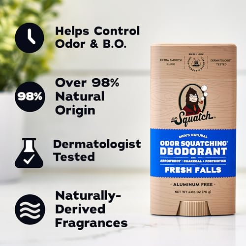 Dr. Squatch Natural Men¡¯s Deodorant ? Aluminum Free Natural Deodorant Men with Charcoal & Postbiotics for 72-Hour Odor Protection ? Fresh Falls, 2.65oz Stick (3-Pack)